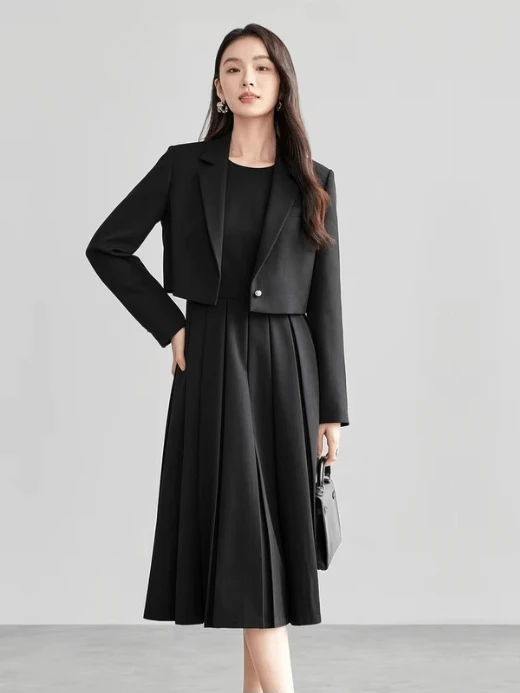 Crop Blazer   Women’s straight notched turn-down collar neck long sleeves with triple (3 three) button cuffs cropped single button blazers for woman Office Lady wfh workwear womens Spring outwear Fashion evening party petite-, tall-, plus-, size outerwear Jackets in black #151X57379