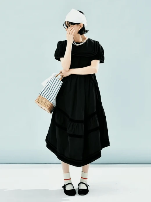 Literary Sailor Collar Dress     Women’s pure 100% cotton dark navy-collar round crewneck baby short puff sleeves bell dresses for woman in black Womens original design spring summer round crew o-neck stripes fashion style layered striped outfits #244598