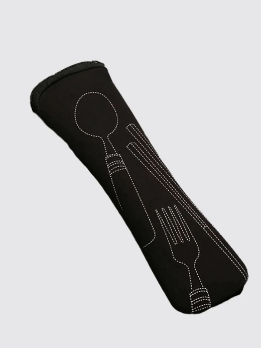 Cutlery Pouch     1PC Tableware bag, Fabric portable dinner set travel picnic Fork packaging Outdoor camping Kitchen Home storage bags (only Bag) pouches with zipper close in black with white graphic flatware design