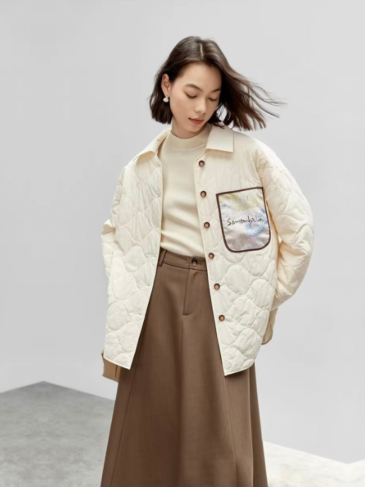 Embroidered Jacket   Women’s loose fit print Embroidery chest patch Parkas warm turn-down collar single breasted button close long sleeves with button cuffs bottoming hem casual coat for woman in Light apricot ivory cream-white Ladies womens outerwear Quiet Soft Jackets Fall Autumn Winter Spring office wfh workwear getaway holiday vacation petite-, tall-, plus-, size outwear #144M56464