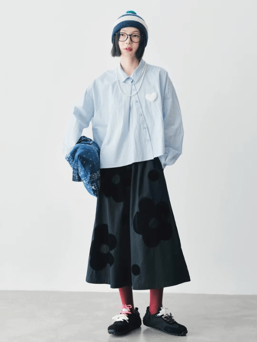 Japanese Cotton Love Shirt  Women’s slant hemp casual turn-down collar long sleeves with dropped shoulders and button cuffs, button up slanted angle close heart embroidery chest patch graphic in white Shirts for Woman in light blue Fall Autumn Spring womens tops  #244802