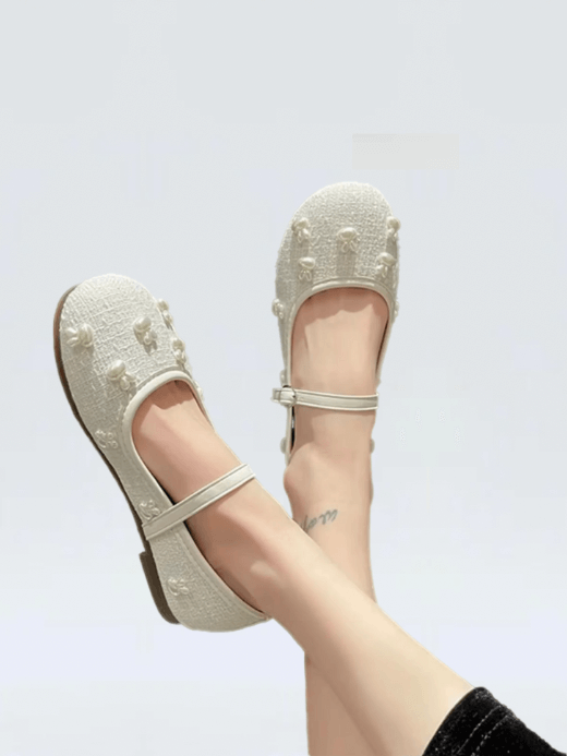 Flat Mary Jane Rabbit Shoes  Women’s Small Fragrance Single Shoes Women's Retro round Head Fairy Wind Shoes for woman Womens Spring Summer footwear in beige-white