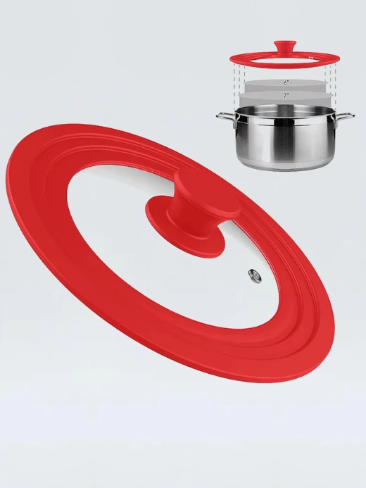 Multifunctional Tempered Glass Pot Lid  Silicone Rim Cool Touch Handle multi-sized Steam Dishwasher Safe Skillet Pan Cover Gifting Christmas Gifts in red accent size 16-18-20cm, 20-22-24cm, 24-26-28cm, 28-30-32cm