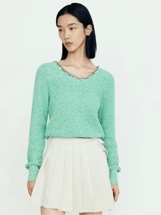 Eden Boatneck Sweater    Women’s round O-neck Short Spliced Knitwear Women's Street Long Sleeves chained crew neck  Regular Fit Polyester Wool Blend sweaters for woman in green Womens petite-, tall-, plus-, size Spring Summer Fall Autumn Winter fashion tops