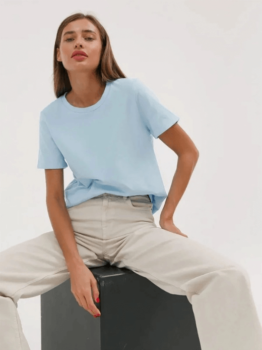 Women's Men’s Unisex genflex 100% Cotton Crewneck Summer T-shirt Bottoming Basic Fashionable Solid Lady Short Sleeves Loose round o-neck Tops for woman man in light blue Shirts 230g/㎡ Gender neutral Womens Mens petite-, tall-, plus-, size 4XL crew neck T-shirts