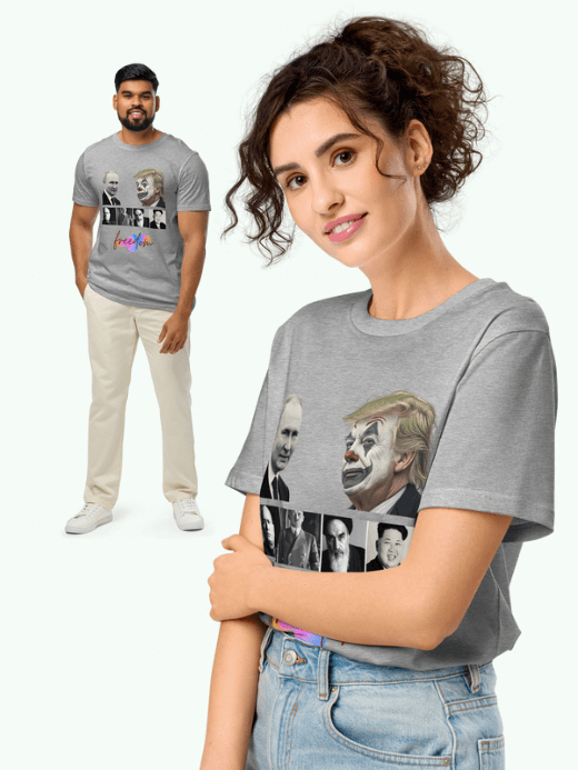 Stanley/Stella x miteigi T-Shirt Genflex unisex Women’s Men’s anywear petite-, tall-, plus-, size crew neck athletic round o-neck patchwork half length sleeves Benito Mussolini Ayatollah Ali Khamenei Adolf Hitler Kim Jong Un Vladimir Putin Donald Trump DT clowns character logo raglan T-shirts for woman man with Dictators print design womens mens crewneck tees Genderful tops in Heather Gray
