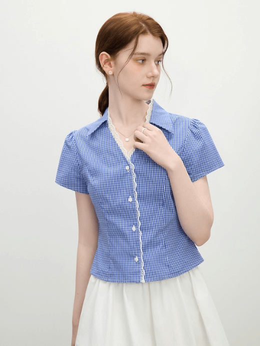 Women’s Summer French look lace checkered plaid pleated lace layered V-neck collar short puff sleeves button-up blouse Tops for woman in blue with white Womens casual office wfh workwear linen-blend slim fit petite-  tall-, plus-, size pleats Top #25FS12074