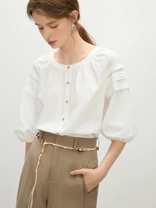 Women's Crewneck linen-blend short sleeve with drop shoulders pleats button-up Blouse - French-Inspired look round O-neck & ¾ Half long lantern dropped sleeves Design Top in white Womens summer pleated blouses Crew neck petite size office wfh workwear Tops #25FS12298