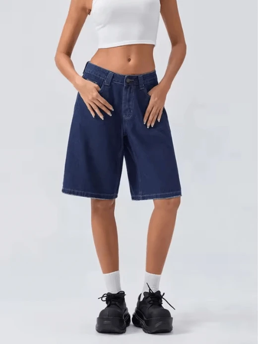 Women's loose Denim solid color low rise waist zipper button close wide leg Shorts with five (5) Pockets for woman in deep dark blue Womens petite-, tall-, plus-, size Summer casual jeans mid length pants vacation holiday getaway streetwear