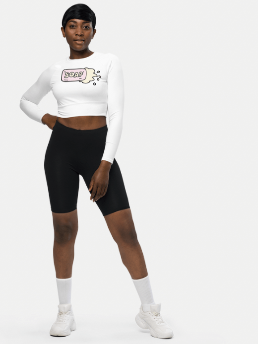 Women’s woman womens Recycled Fabric petite-, tall-, plus-, size Crewneck graphic illustrated Soap print long sleeves round O-neck slim fit short crop top in white Summer fashion crew neck tops