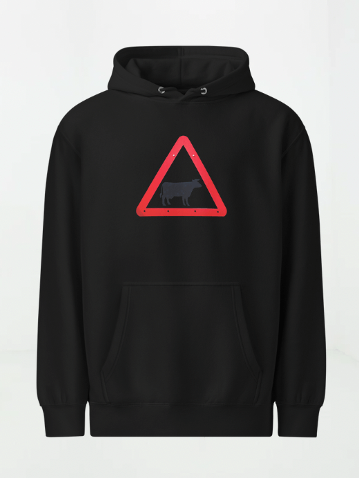 Genderful genflex gender neutral Women’s woman womens Men’s man mens  petite-, tall-, plus-, size Hooded road traffic danger warning black cow animal illustration sign graphic in red triangle long sleeves kanga pouch pocket ribbed accent hem pullover close regular Mid-Weight Hoodie Sweatshirt Oversized Y2K Sweet Cute Fall Autumn Spring fashion hoodies sweatshirts in Black