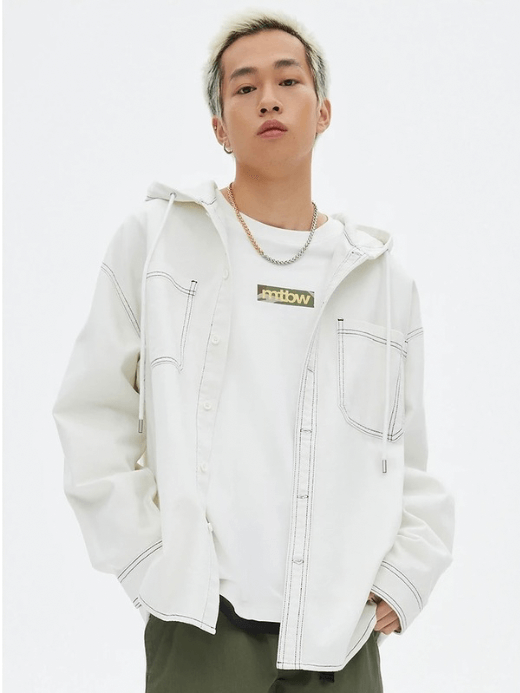 Men's man mens petite-, tall-, plus-, size 100% Cotton Denim Jacket with Hood Large Body Cargo Pockets Loose Hooded Shirt outwear Spring Autumn hooded outerwear Jackets in white