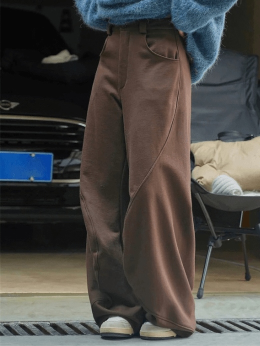 Women’s woman womens petite size High rise waist wide leg button Fly zipper up close pockets casual loose and thickened knitted three dimensional profile winter Pants in coffee brown