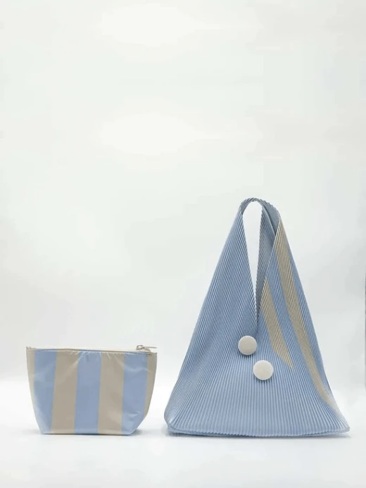 Women’s woman womens Female Fashion Korean Single design rainbow pleated foldable summer knitted organ shoulder Bag Hand-held Totes bags in Blue with cream