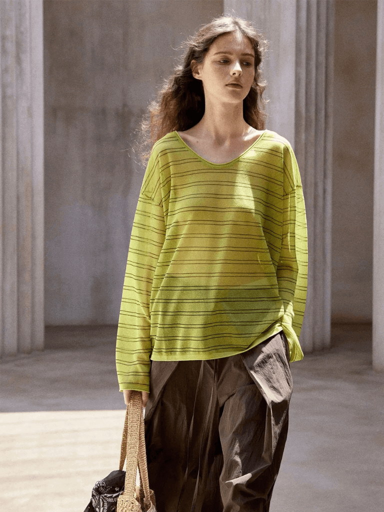 Women’s woman womens Original Modern Design Silk Linen Sheer Thin Semi-Transparent Striped Cover up scoop neck Korean Sle Loose Fit Long sleeves scoopneck mid Length stripes Tops Blouses in green, with coffee brown stripes