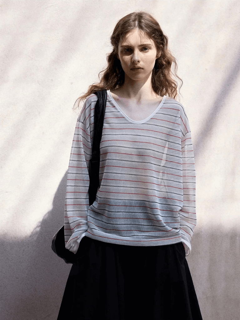 Women’s woman womens Original Modern Design Silk Linen Sheer Thin Semi-Transparent Striped Cover up scoop neck Korean Sle Loose Fit Long sleeves scoopneck mid Length stripes Tops Blouses in light gray grey, with red stripes