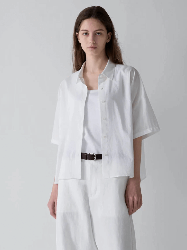 Women’s woman womens Loose Fit Pure Cotton Short Sleeves T-Shirt Summer Vacation holiday getaway Commute turn-down collar Solid Color Pattern bottoming hem Business casual office wfh workwear shirts in White