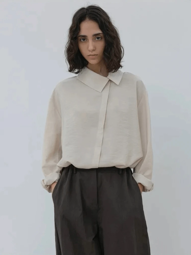 Women’s woman womens softfit long sleeves irregular turn-down angular collar button-up MOIA Korean Autumn Winter fashionable commute office wfh workwear loose fit pure color shirts in Ivory-beige
