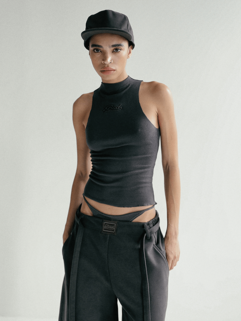 Women’s woman womens Slim fit High Collar American Retro Sport sleeveless polyester cotton spandex blend turtleneck mockneck tank top in charcoal gray grey