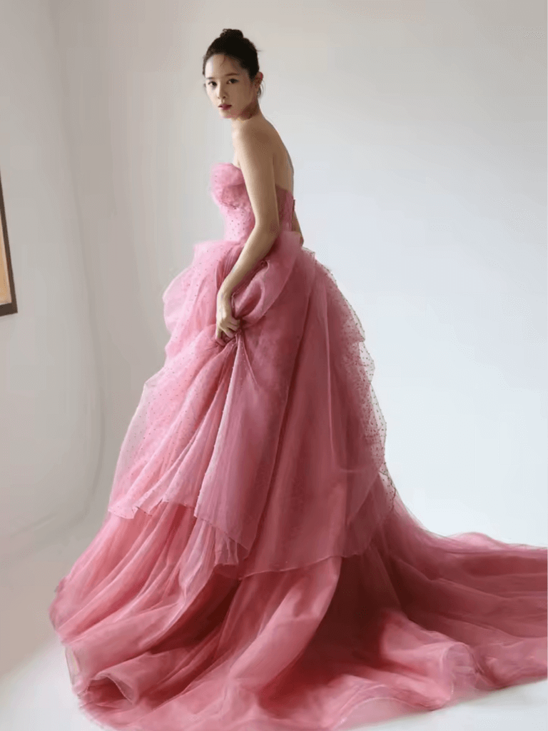 Women’s woman womens petite, tall-, plus-, size Pink Korean Wedding strapless dotted soft tulle bridal ball gown party evening gowns Formal occasion dresses