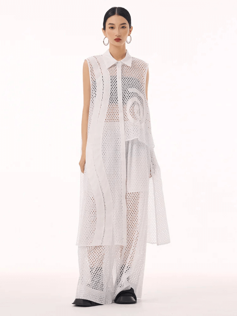 Women’s woman womens  Hollow out lace big size long elegant turn-down collar button-up sleeveless shirt dress Lapel Fashion Tide Spring Summer Autumn holiday vacation getaway shirts in white