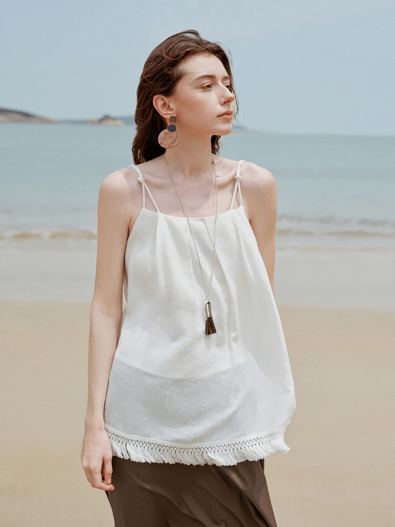 Women’s woman womens petite-, tall-, plus-, size French look style square neck vest with Suspenders spaghetti straps and tassels Elegant fashionable Top Collection tasseled Tank top pleats elasticated mid-rise waist slit side pockets pleated skirts in white, coffee brown Tassel Tank Top skirts in white