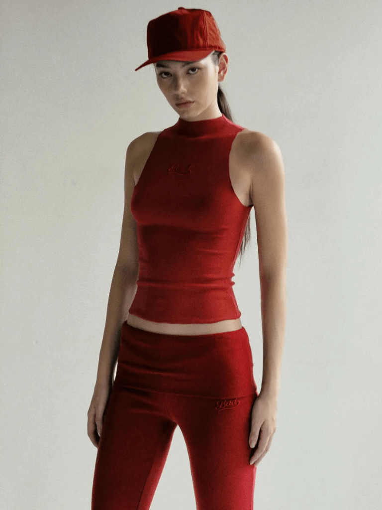 Women’s woman womens Slim fit High Collar American Retro Sport sleeveless polyester cotton spandex blend turtleneck mockneck tank top in caramine red