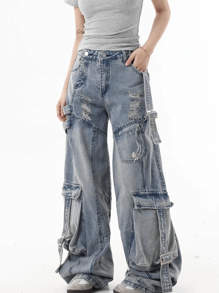 Women’s woman womens small-, tall-, plus-, size Hip Hop regular loose fit 8-Pockets zipper button-fly close belted distressed holed Baggy Gothic Denim holes Trousers Girl Full Length Cargo Pants Vintage Woman Clothing Streetwear Jeans Clothes in light washed blue