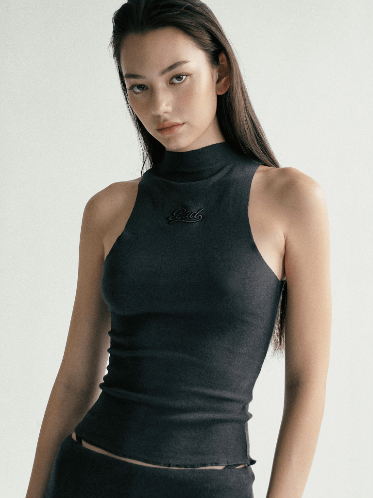 Women’s woman womens Slim fit High Collar American Retro Sport sleeveless polyester cotton spandex blend turtleneck mockneck tank top in charcoal gray grey