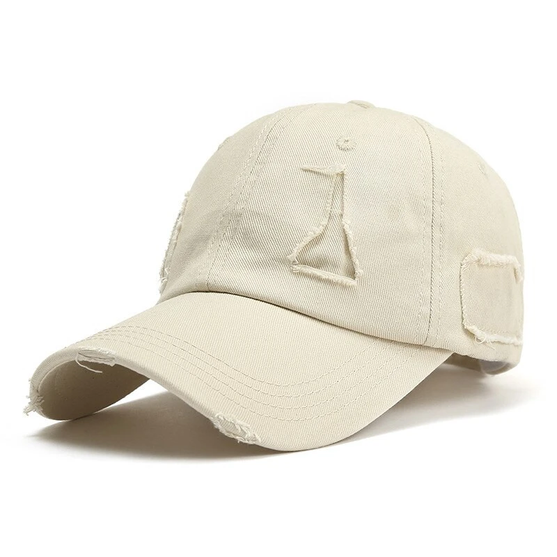 Snapback Indie Rip Baseball Cap Mens Women’s Unisex Fashion Holes Ripped Hip Hop 100% Cotton Dad Hat Men's Caps Golf Women's Daddy Caps for Man Woman In Beige