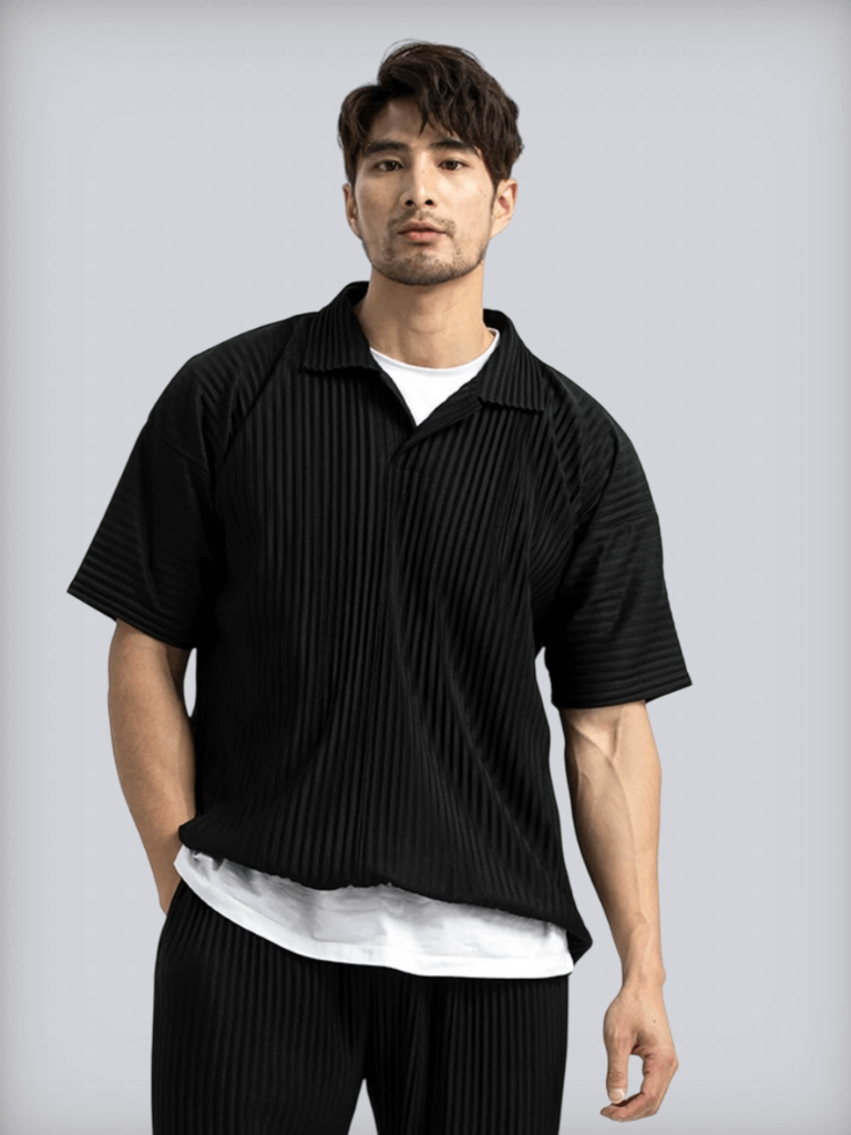 Men’s man mens small-, tall-, plus-, size Miyake Crewneck Pleated breathable anti-wrinkle Summer Clothes Short Sleeves Plain ribbed Fashion Shirts Round o-neck Collar Sports Top Crew neck T-Shirts in black