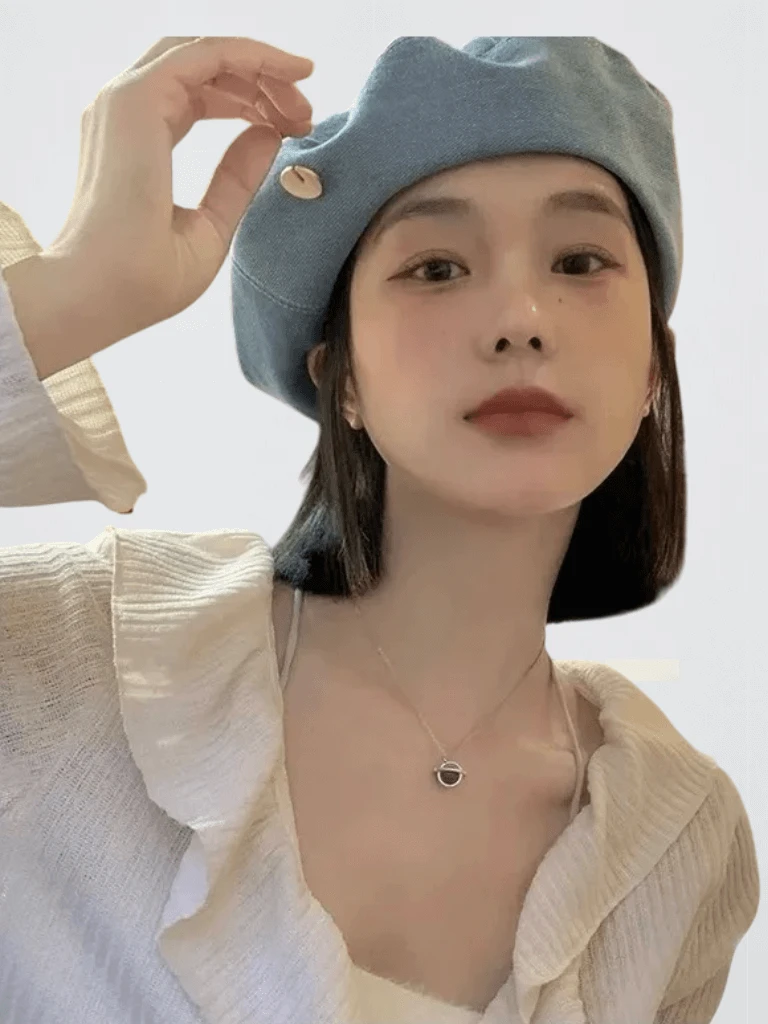 Women’s Womans womens Denim Beret Hat Jeans Berets Painter Hats Spring Beanie Hat Retro Octagonal Cap Ladies Outdoor Leisure Visor Beanies caps headwear in light blue with circular metal cut pin in bronze color