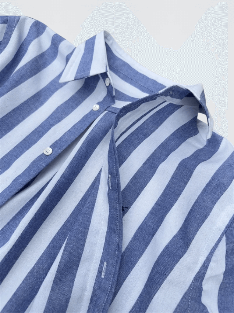 Women’s woman womens Spring Summer Classic Style Embroidered Big Striped pleats POLO turn-down Collar Loose Casual Versatile Linen cotton long drop-shoulder sleeves with button cuffs pleated back Button up Shirts in blue with white stripes