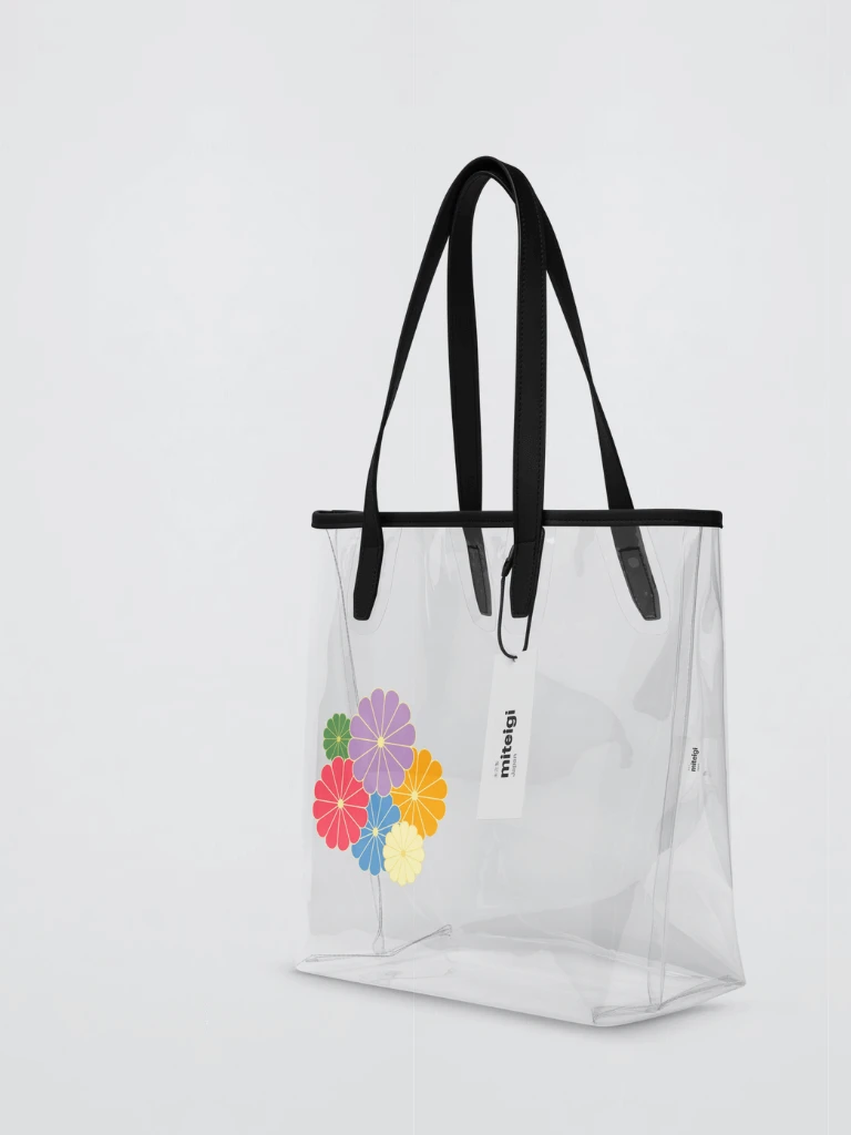 Genflex gender neutral unisex Men’s man mens Women’s woman womens Japanese Chrysanthemum floral summer vacation holiday getaway Beach Festival gear shopping transparent Clear Beach Tote Bag with multi color sakura flowers silhouette print and miteigi logo in black gray bags