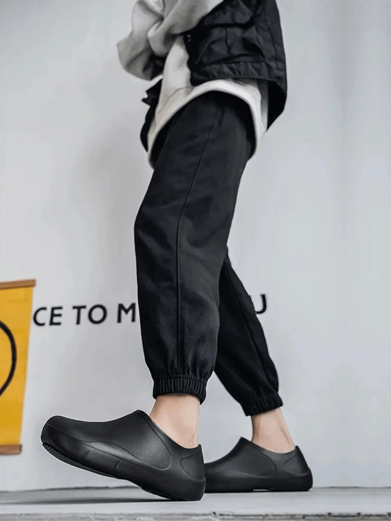 Genflex gender neutral unisex Men’s man mens Women’s woman womens Large size slip-on Kitchen Chef workwear waterproof non-slip oil resistant rubber sole round toe Casual shoes Dutch clogs Footwear in black