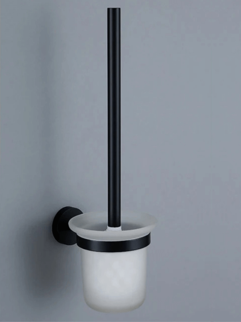 Modern flat-end matte black wall-mounted toilet brush holder Office home Bathroom bath accessories set with white brush, bowl