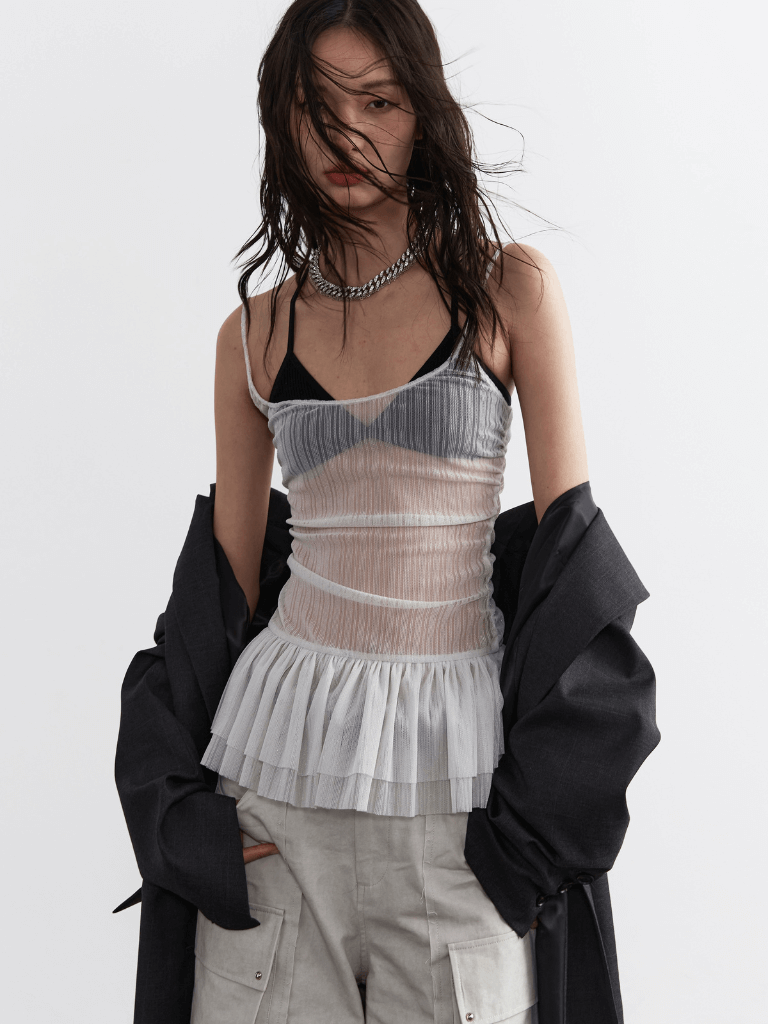 Women’s woman womens Japanese Y2k sheer Korean Fashion Fairycore Crop Tops Female Harajuku Aesthetic Sexy Kpop See Through lace square-neck spaghetti straps sleeveless ruffles ruffled Tank Top Clothes Summer Tops in white