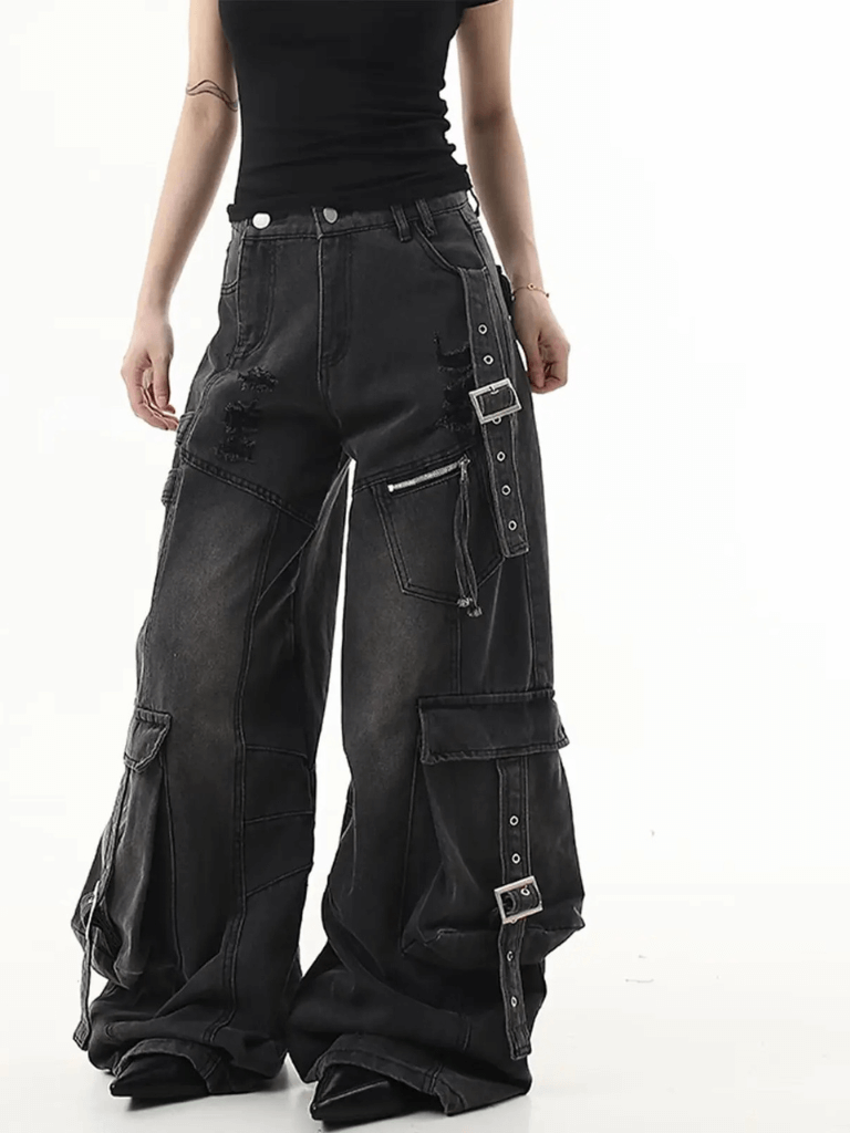 Women’s woman womens small-, tall-, plus-, size Hip Hop regular loose fit 8-Pockets zipper button-fly close belted distressed holed Baggy Gothic Denim holes Trousers Girl Full Length Cargo Pants Vintage Woman Clothing Streetwear Jeans Clothes in light washed black