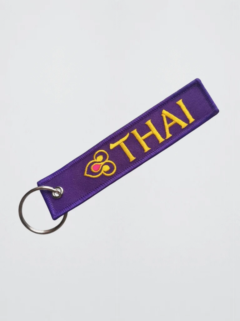 Thai Airways Keychain Embroidered logo with stainless steel silver metal clip Key Chain Airplane Keychains Flight Crew Pilot Aviation memorabilia in purple with yellow gold embroidery accent