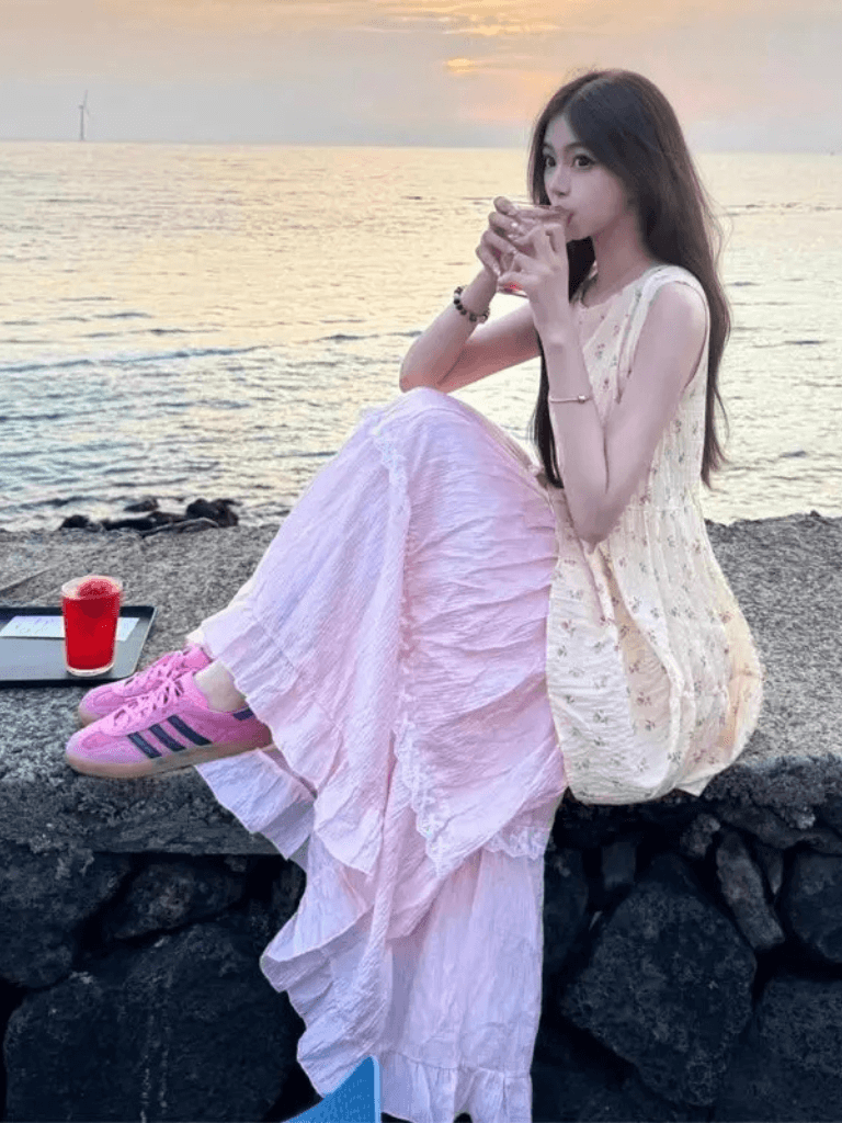 Women’’s woman womens petite-, tall-, plus-, size Beach holiday getaway vacation Beautiful Durable Polyester Fiber Summer sleeveless crewneck round crew O-neck scoop-neck tank top long ruffles dress Two-Piece Suit set in apricot pink