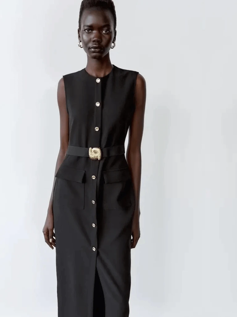 Women's woman womens Crewneck belted high-rise waist single buckle button decorated close sleeveless round o-neck polyester fiber commute wfh office workwear party midi dresses in black