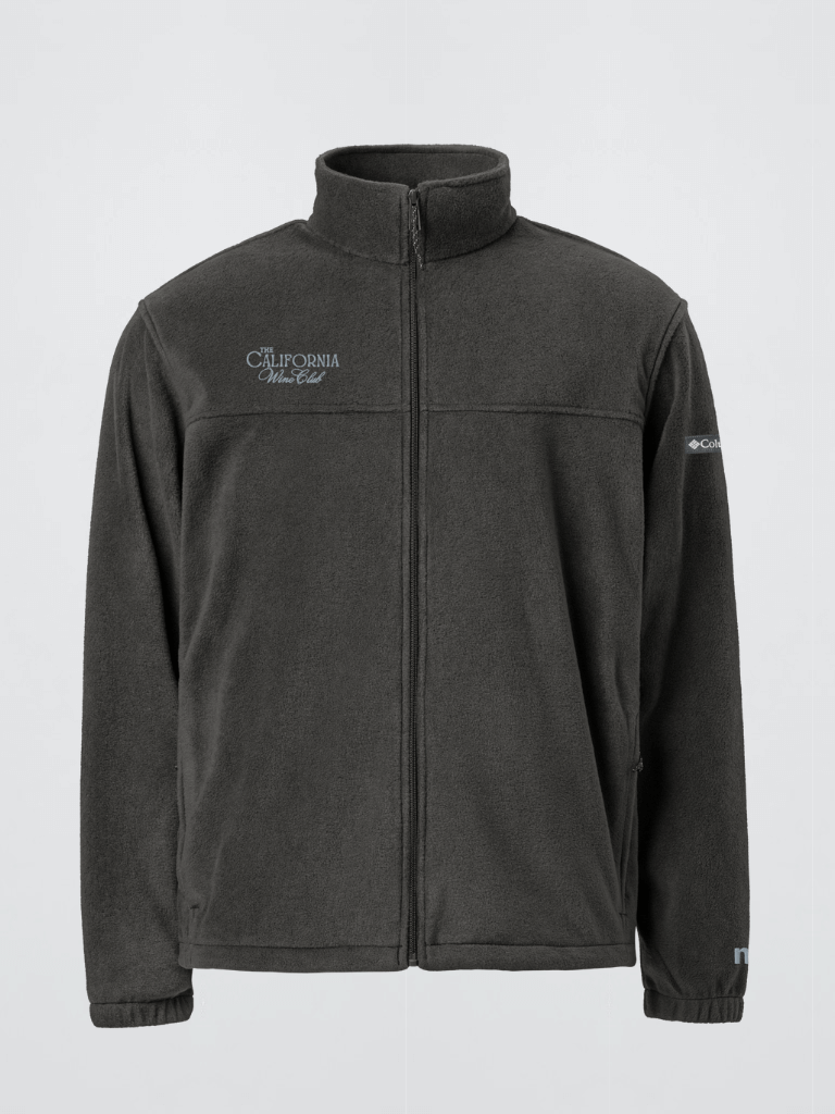 Genflex gender neutral unisex Men’s man mens Women's woman womens petite-, tall-, plus-, size Casual wfh office workwear miteigi x The California Wine Club turn-down collar zipper close long sleeves regular length polyester blend fleece textured zip-close slit side pockets Jackets Outerwear fashion outwear in Collegiate Navy blue with Gray grey logo