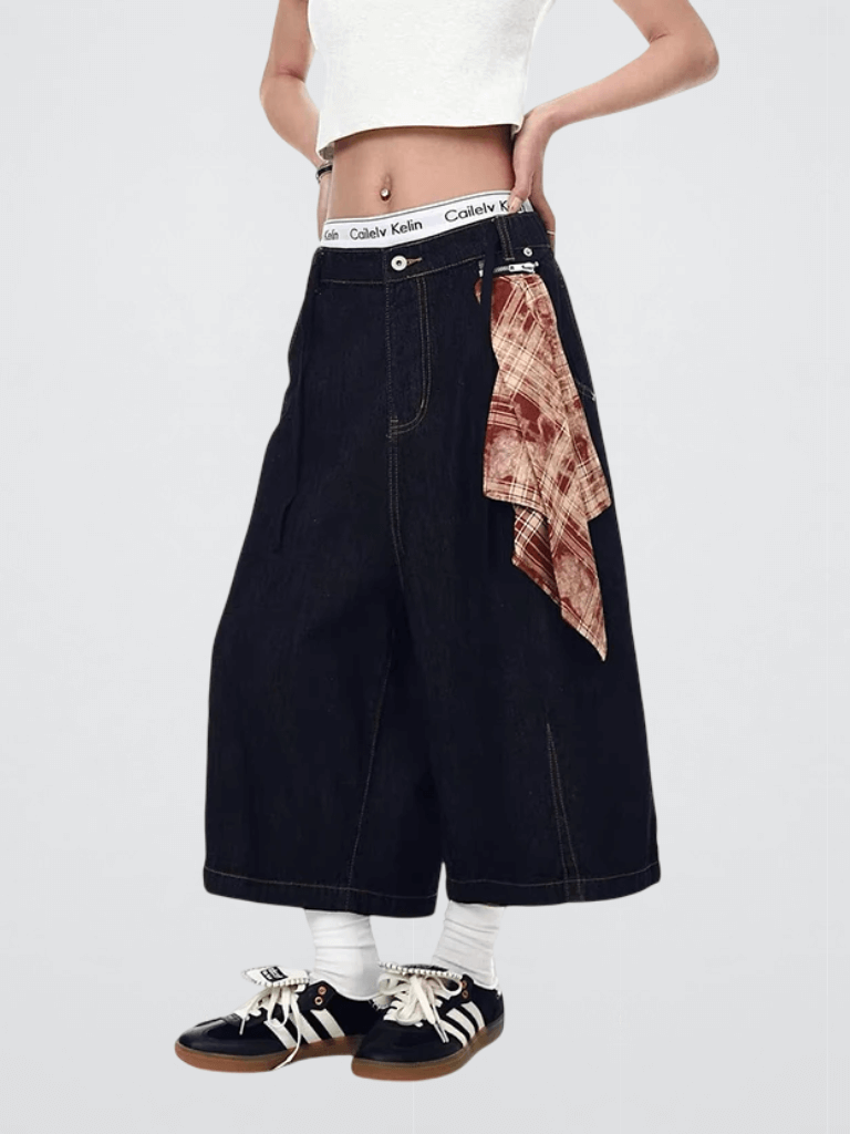 Women’s woman womens petite-, tall-, plus-, size Summer Japanese Low Rise waist zipper-up button close Grunge Harajuku Y2k Denim Short pant wide leg slant side pockets Jorts Jean Pants Cyber Punk Hip-pop Loose Casual jeans in black