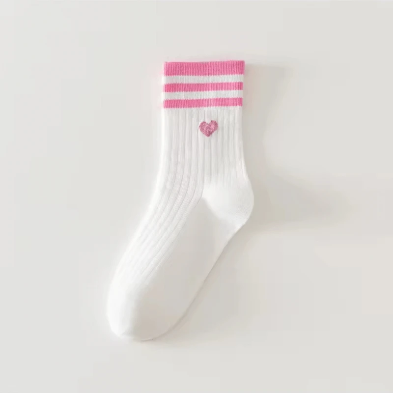 Women's woman womens Versatile Kawaii Style Autumn and Winter Medium Fashion Love Embroidery Pattern Stripes Cotton Cute ribbed crew Socks in Pink, with white