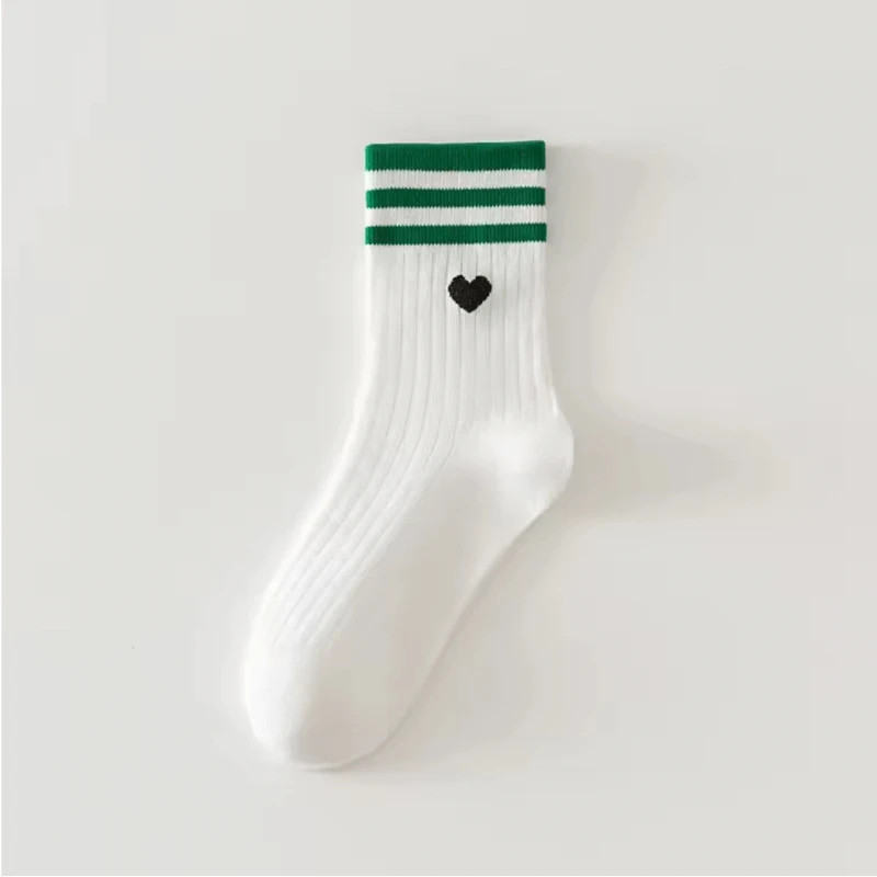 Women's woman womens Versatile Kawaii Style Autumn and Winter Medium Fashion Love Embroidery Pattern Stripes Cotton Cute ribbed crew Socks in Green, with white, black