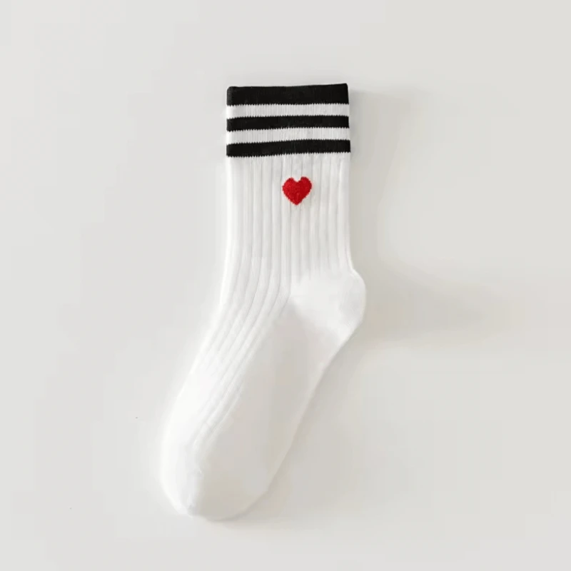 Women's woman womens Versatile Kawaii Style Autumn and Winter Medium Fashion Love Embroidery Pattern Stripes Cotton Cute ribbed crew Socks in White, with black, red,
