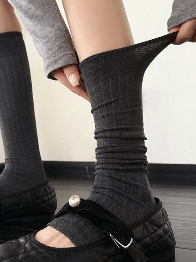 Women’s woman womens Vertical Striped Skinny slim stripes knee calf-length Cotton Sweat-absorbing Breathable High Tube Boneless Toeless toes-free in Gray grey Crew Socks