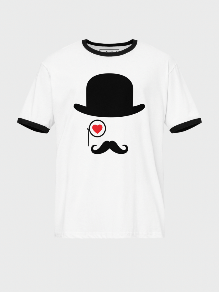 Genflex gender neutral unisex Men’s man mens Women's woman womens petite-, tall-, plus-, size Casual miteigi Love Monocle Graphic crewneck short sleeves regular length cotton round o-neck fashion tops Vacation getaway T-shirts in White, with Black trim
