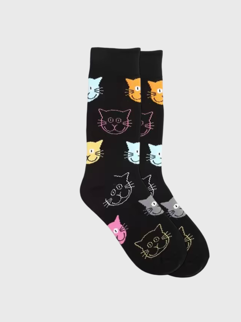 Genflex gender neutral unisex Men’s man mens Women’s woman womens Couples 1 Pair Anime kawaii multi Graphic Cotton Spring Autumn Fall Winter funny multi cartoon cat animal pattern Colorful EUR37-43 ankle crew socks in black with multicolor accent color