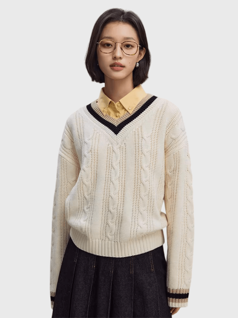 Women’s woman womens petite size College Style V-neck Twisted knit long sleeves Autumn Winter New Design Color Collision Warm Versatile Tops sweaters in off-white with coffee brown and black accent colors